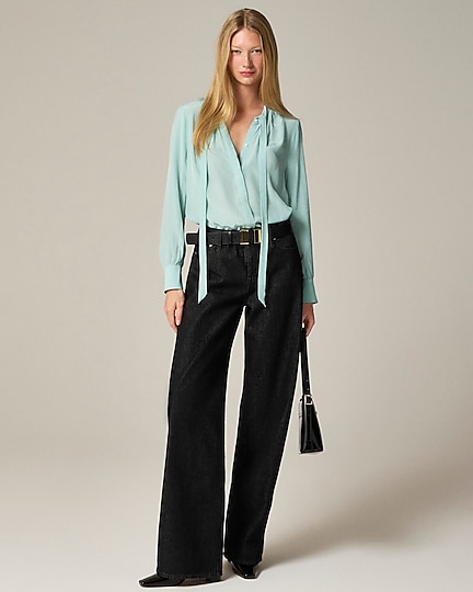 Tie-neck top in crepe de chine-Faded Mint