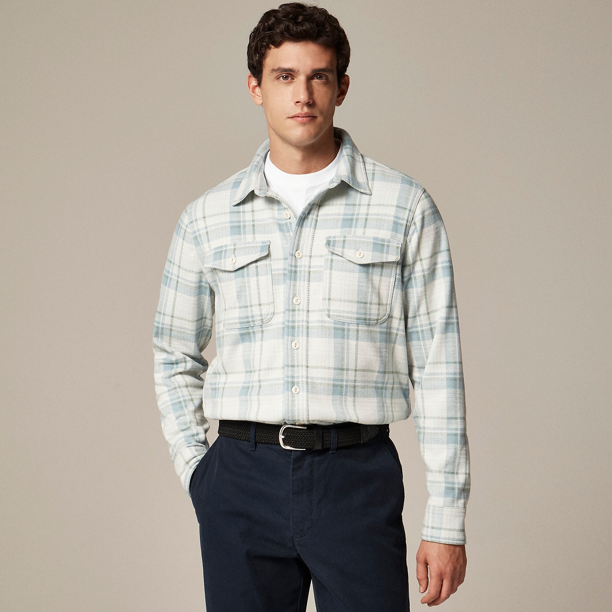 Seaboard soft-knit shirt in plaid-Enrico Cream Blue Olive