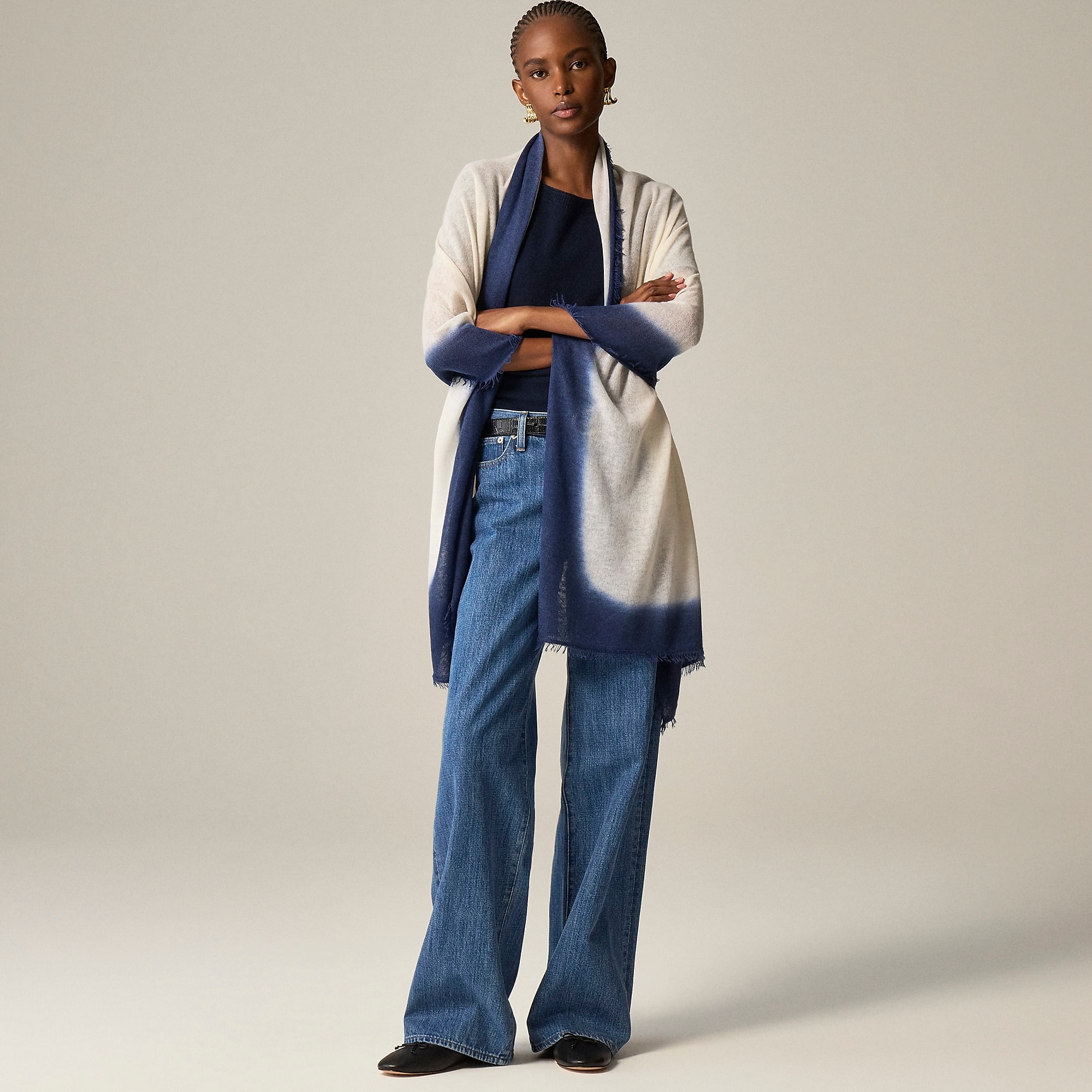 Oversized dip-dyed featherweight cashmere wrap-Ivory Navy