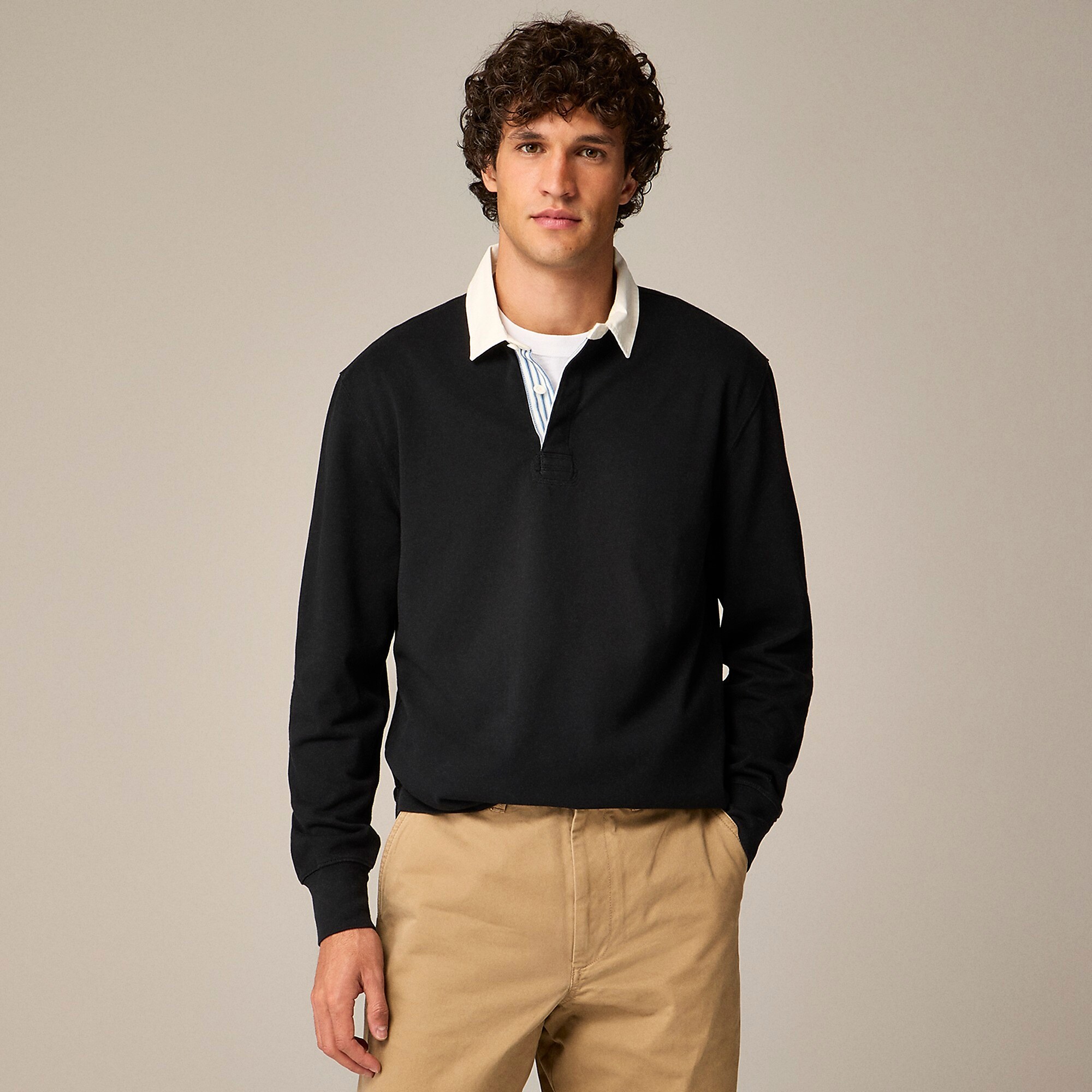 Rugby shirt with striped placket-Black