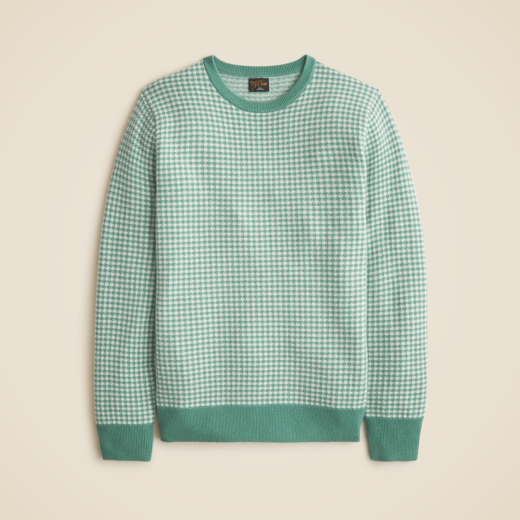Cashmere crewneck sweater in houndstooth-Eucalyptus Ivory Hounds