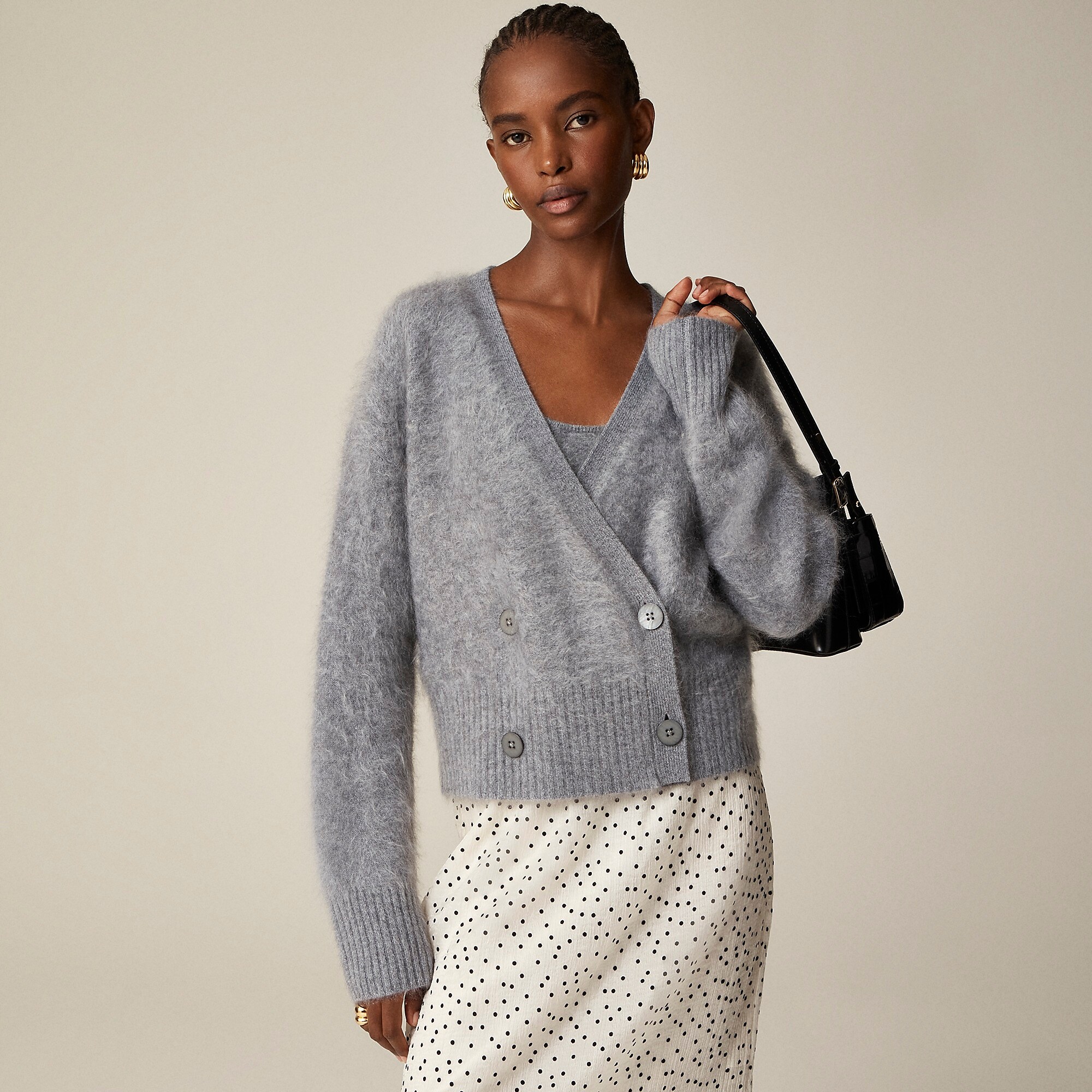 Brushed cashmere double-breasted cardigan sweater-Hthr Dark Grey