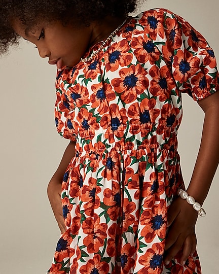 Girls' puff-sleeve dress in cotton voile floral-Ivory Red Floral