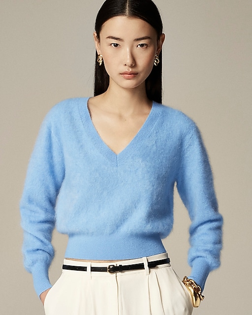 Brushed cashmere cropped V-neck sweater-Pale Cerulean