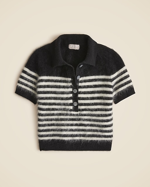 Brushed cashmere short-sleeve sweater-polo in stripe-Black Ivory