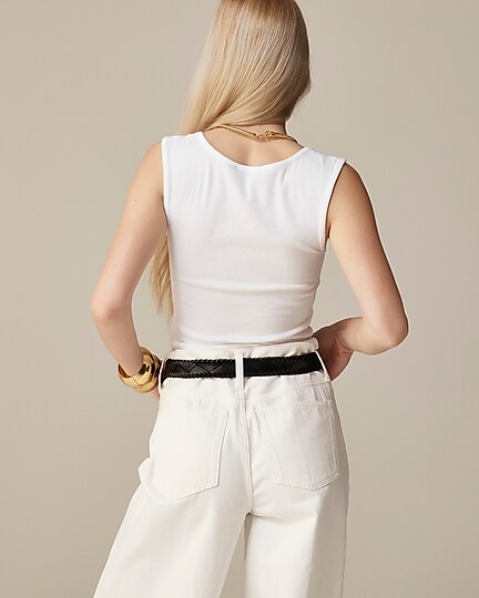 Cropped fine rib scoopneck tank top-White