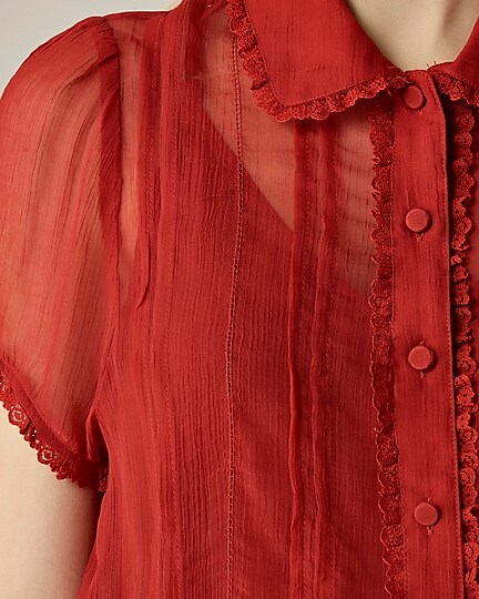 Sheer lace-trim button-up shirt in dot crinkle chiffon-Persian Red