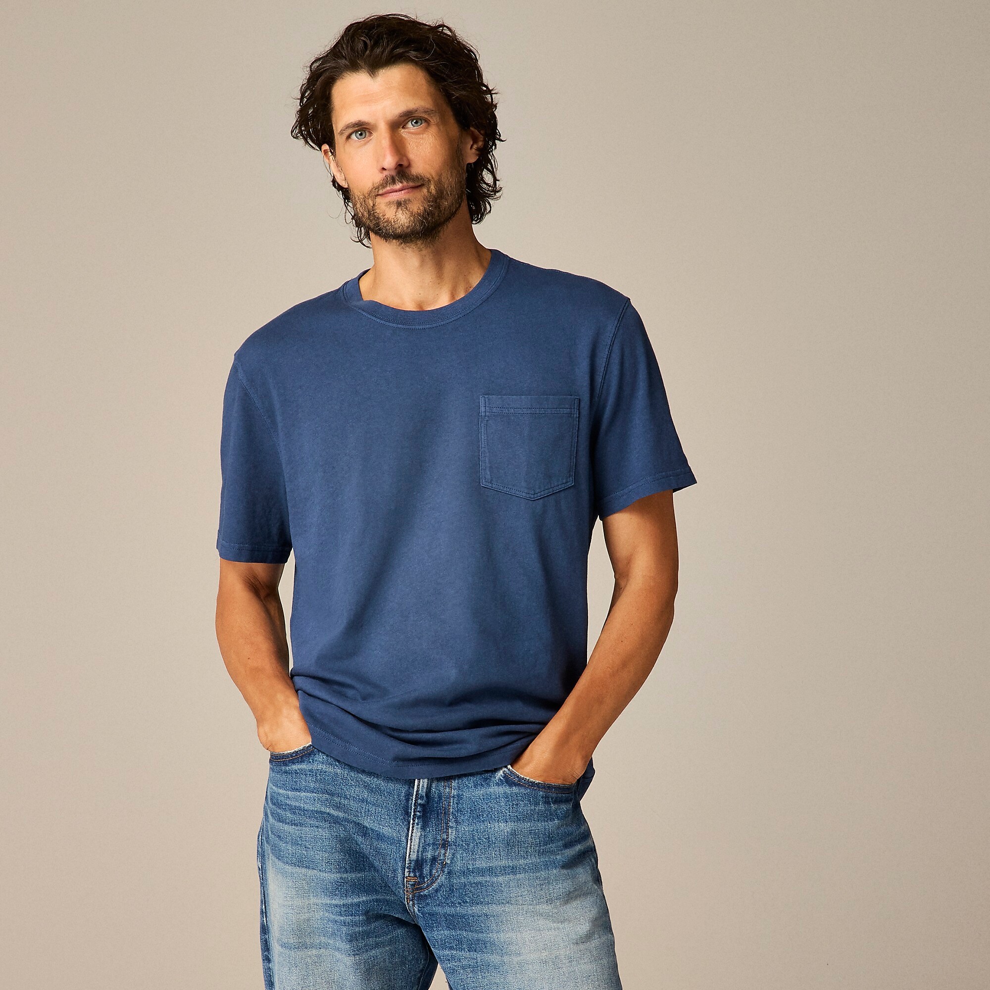 Vintage-wash cotton pocket T-shirt-Navy
