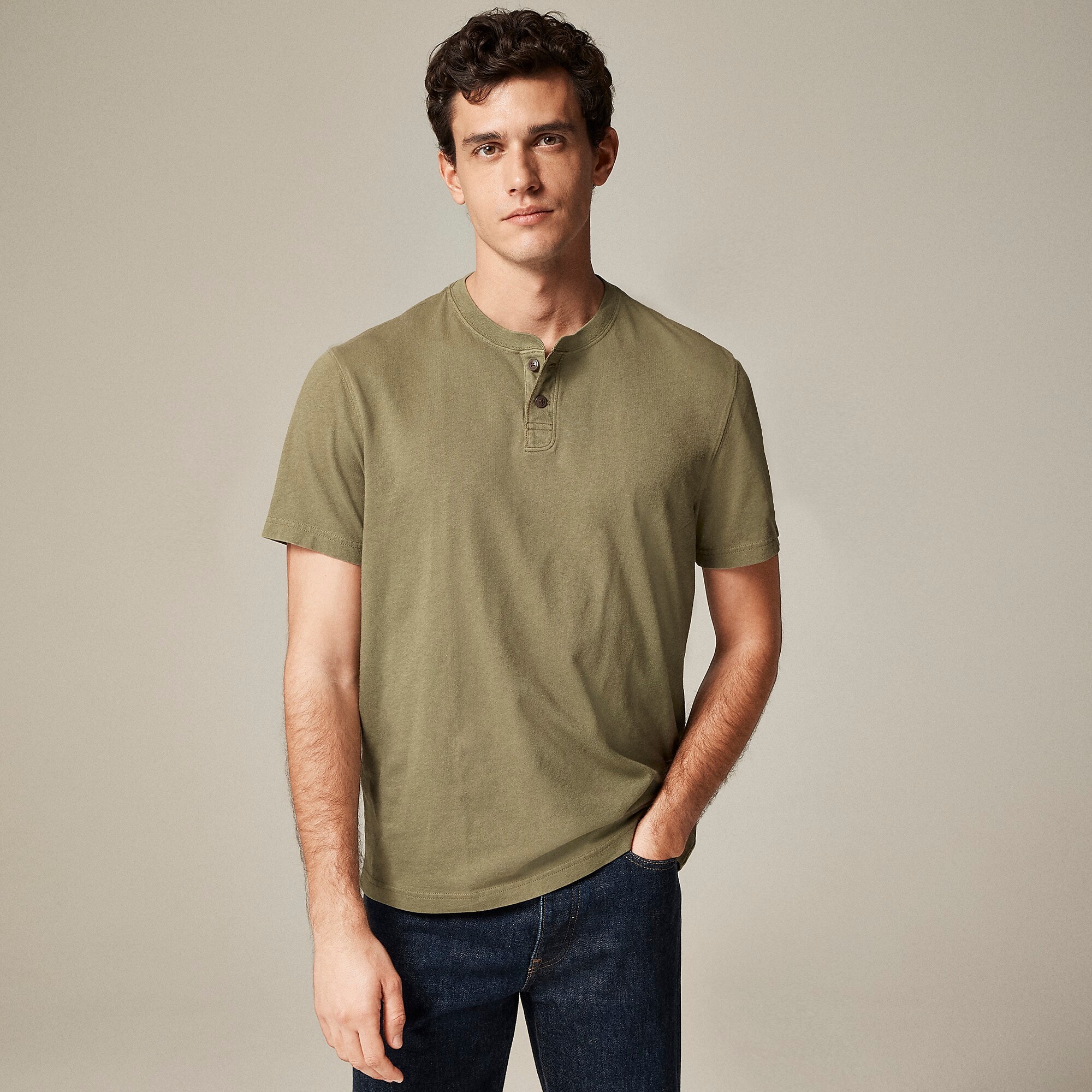 Short-sleeve vintage-wash cotton henley-Misty Olive