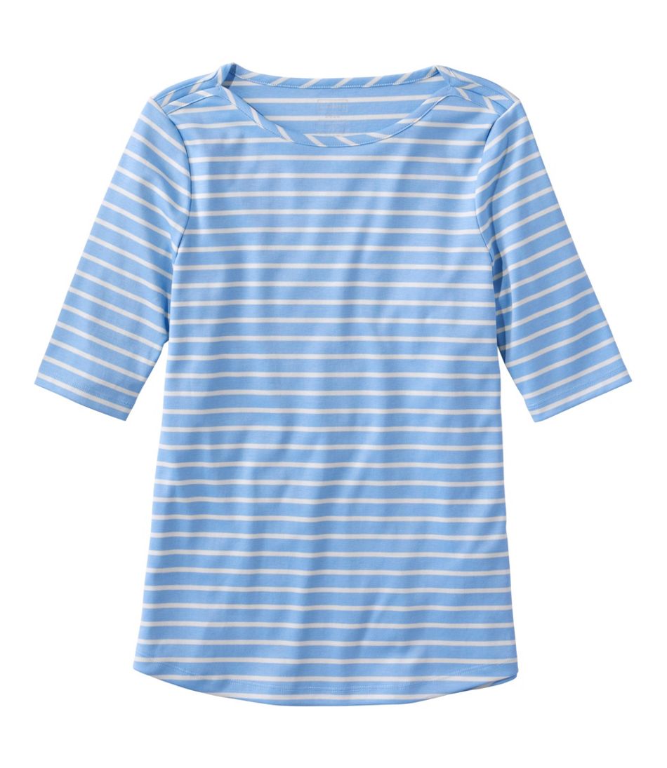 Women's Pima Cotton Tee, Elbow-Sleeve Boatneck Stripe