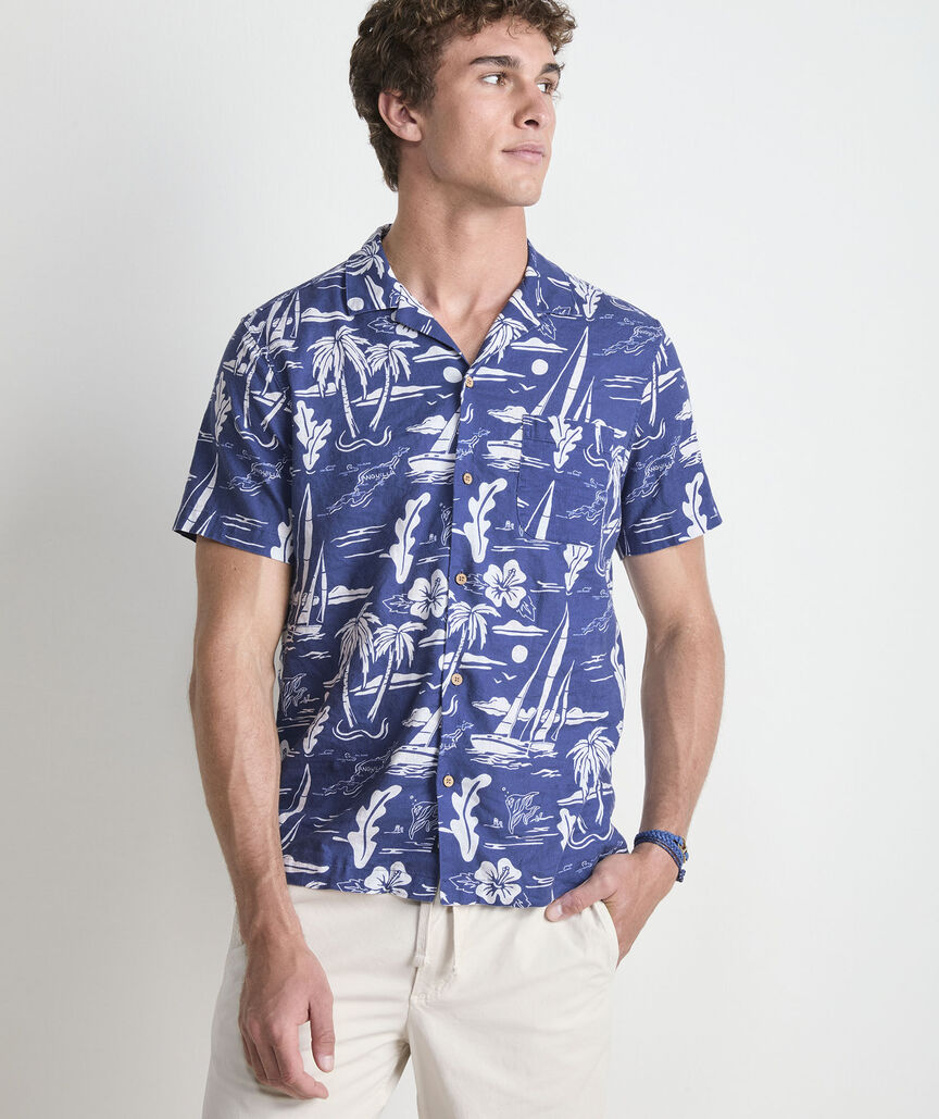 Anguilla Scenic Linen Blend Short-Sleeve Cabana Shirt