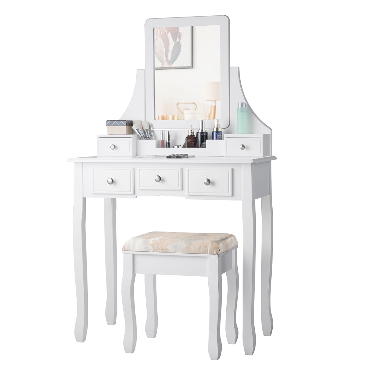 Lowest Prices - Gymax Vanity Set Makeup Dressing Table & Stool w/5 Drawers White