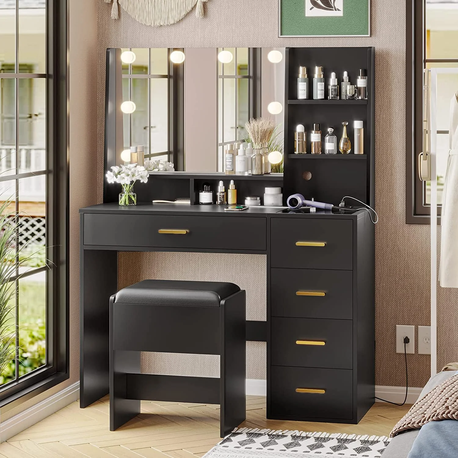 Lowest Prices - Black Vanity Set with Lights & Charging Station & Cushioned Stool, Modern Makeup Vanity Desk Table with Visible Drawers and Open Storage Shelves for Women Girls