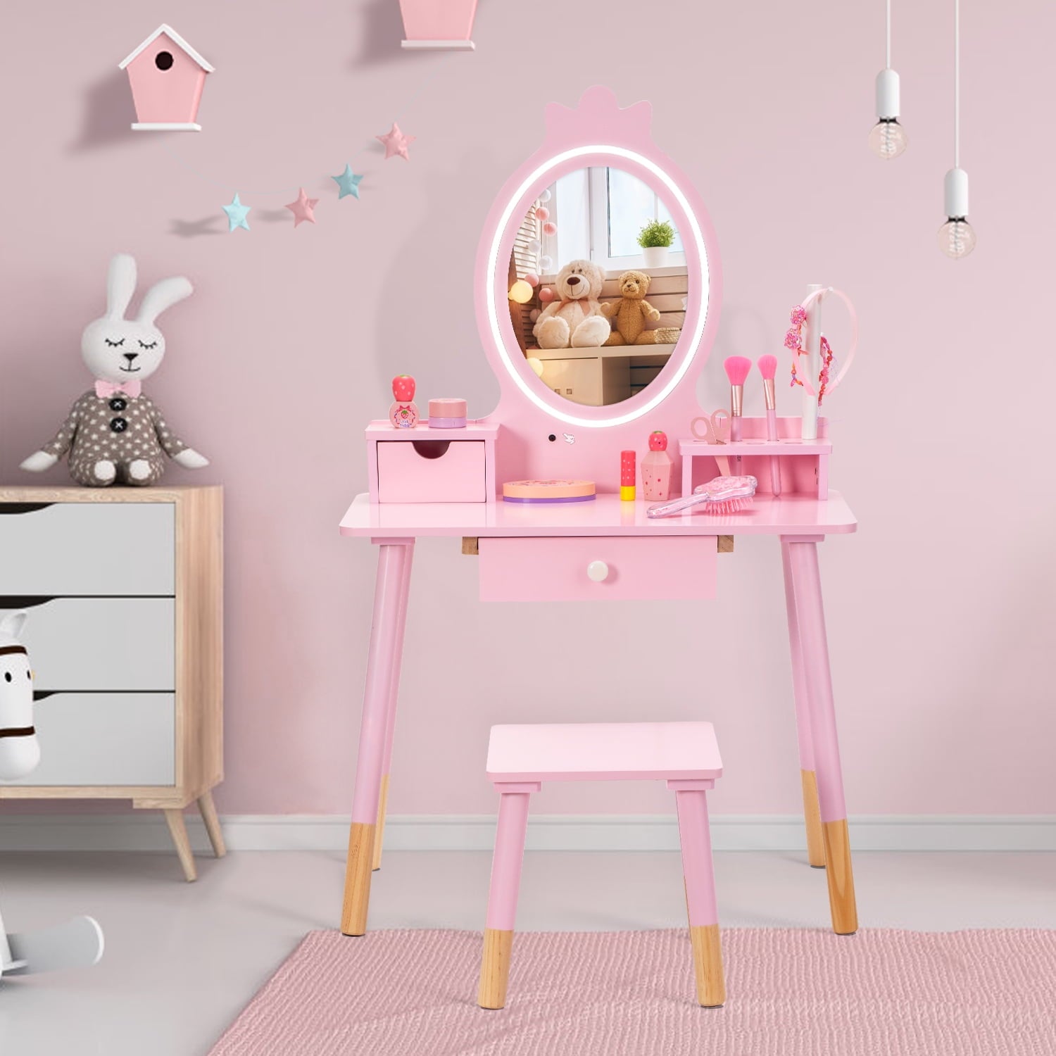 Lowest Prices - BRINJOY Kids Vanity Set with Mirror, Wooden Make Up Beauty Dressing Table with Lights & Stool & Jewelry Rack & Storage Board, Children Princess Vanity Table Pretend Playset for Girls