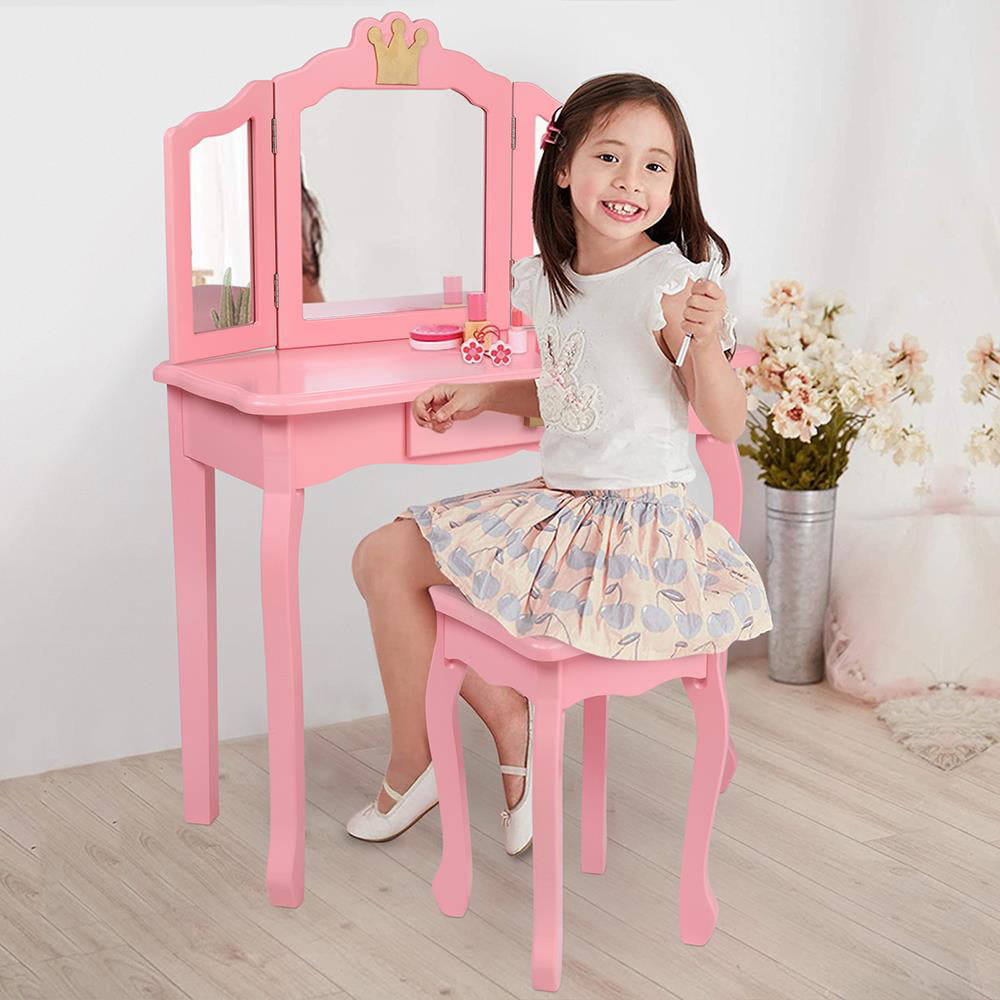 Lowest Prices - BaytoCare Kids Vanity Table Wooden Dressing Table with Stool and Drawer