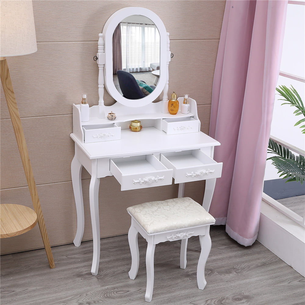 Lowest Prices - Ktaxon Vanity Jewelry Wooden Makeup Dressing Table Set W/Stool Mirror Cabinet &4 Drawer