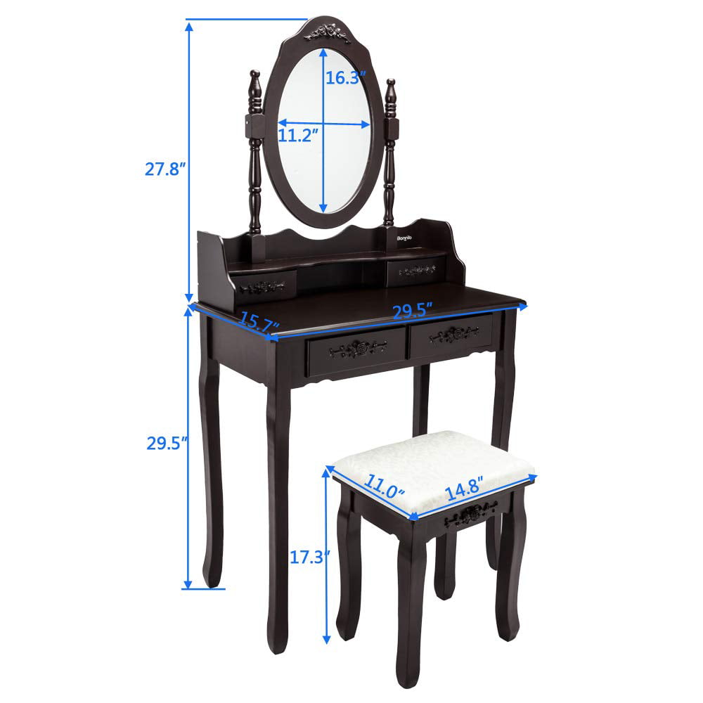 Lowest Prices - UBesGoo 4 Drawer Vanity Makeup Dressing Table Set w/Stool&Mirror Jewelry Wood Brown