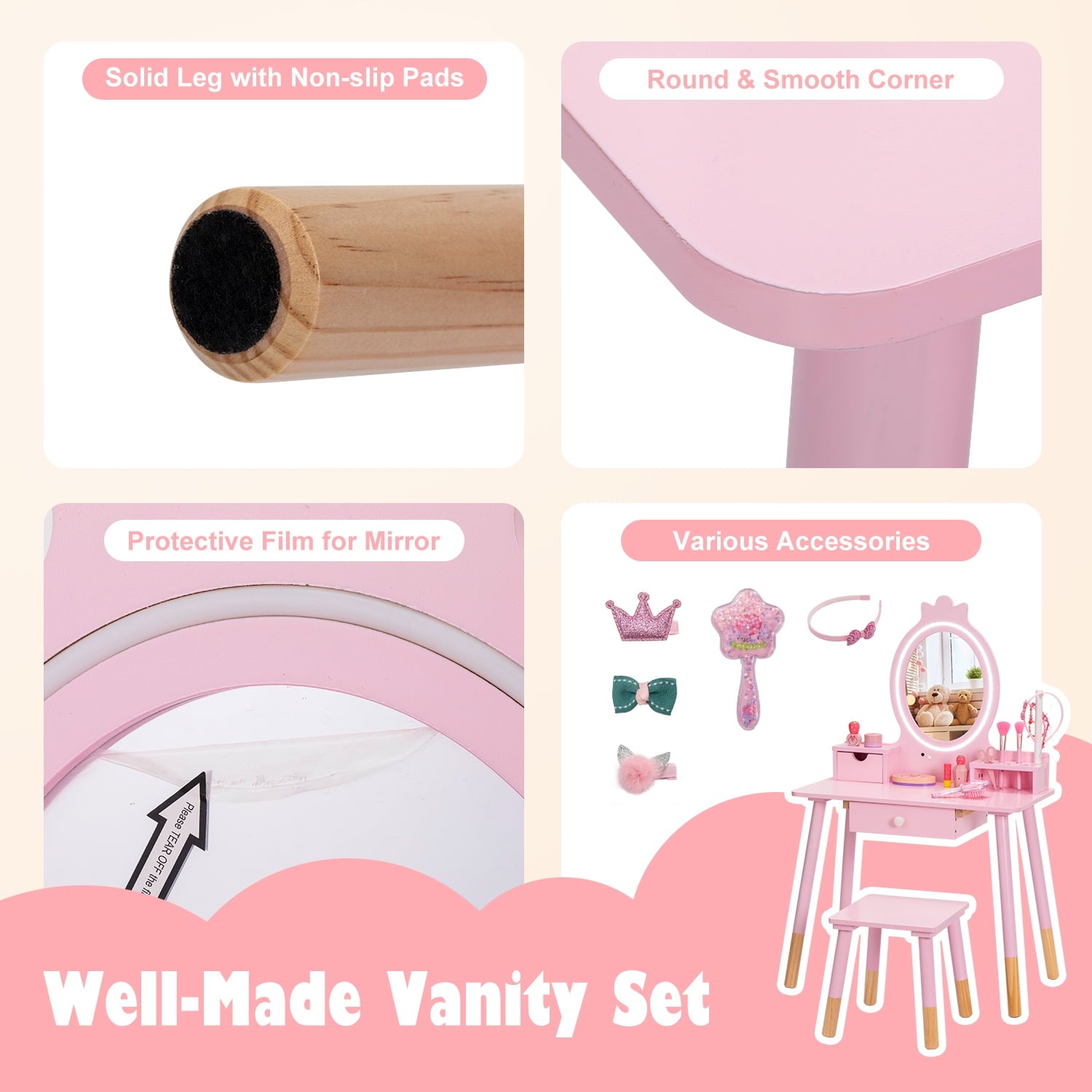 Lowest Prices - BRINJOY Kids Vanity Set with Mirror, Wooden Make Up Beauty Dressing Table with Lights & Stool & Jewelry Rack & Storage Board, Children Princess Vanity Table Pretend Playset for Girls