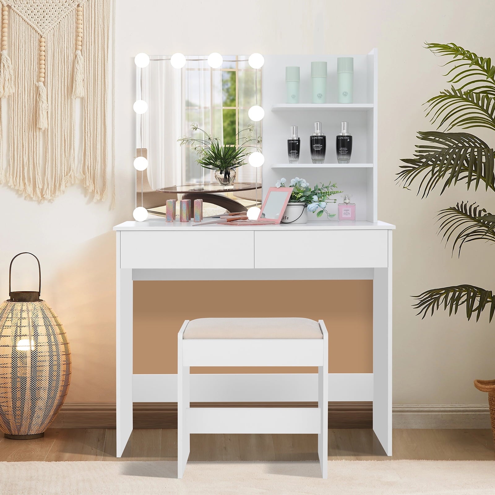 Lowest Prices - USIKEY Vanity Table Set for Gift with 10 Hollywood Style Lights, Dressing Vanity Table with 2 Long Shelves and 2 Big Drawers, Makeup Table with Cushioned Stool for Women, Girls, Bedroom, White