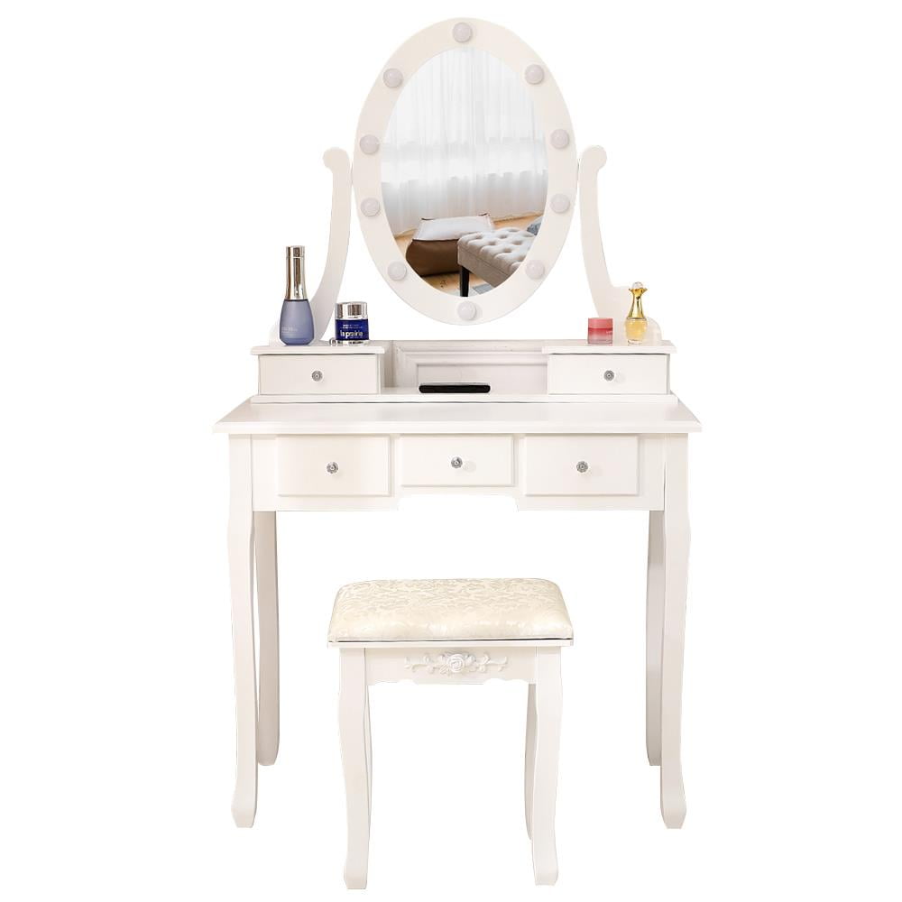 Lowest Prices - Ktaxon Vanity Table 10 LED Lights, 5 Drawers Makeup Dressing Desk with Cushioned Stool Set,Bedroom Vanities Set White