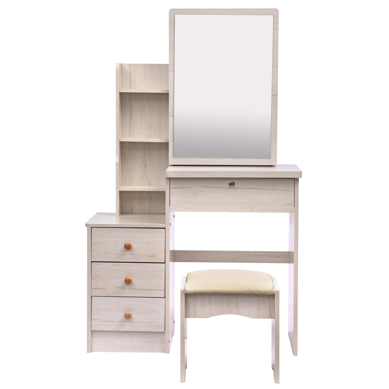 Lowest Prices - UBesGoo Vanity Set with Sliding Mirror, Makeup Vanity Dressing Table with 4 Drawers, Shelves, Dresser Desk and Cushioned Stool Set (White Oak Color)
