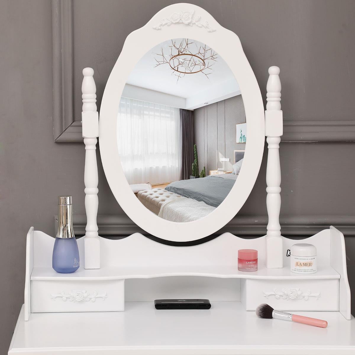 Lowest Prices - Ktaxon Elegance White Dressing Table Vanity Table and Stool Set Wood Makeup Desk with 4 Drawers & Mirror