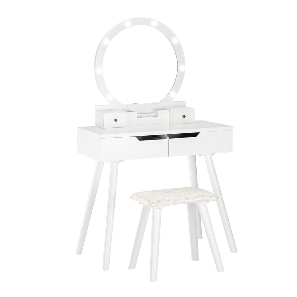 Lowest Prices - Ktaxon Vanity Set with Round Lighted Mirror, Makeup Dressing Table with 8 Light Bulbs & Cushioned Stool Set,Bedroom Vanities Set White