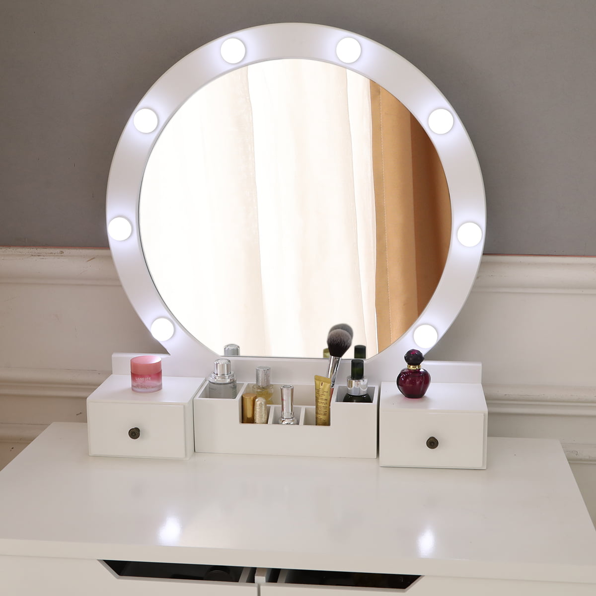 Lowest Prices - Ktaxon Vanity Set with Round Lighted Mirror, Makeup Dressing Table with 8 Light Bulbs & Cushioned Stool Set,Bedroom Vanities Set White