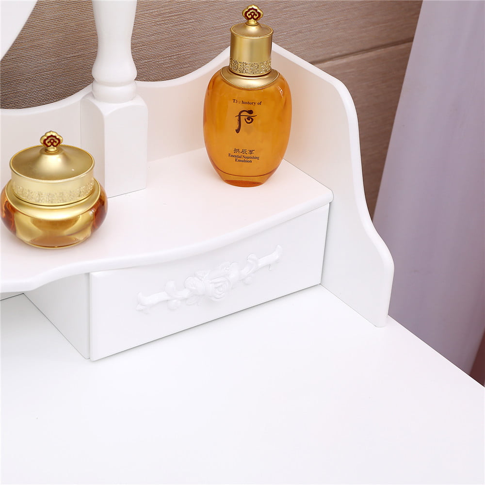 Lowest Prices - Ktaxon Elegance White Dressing Table Vanity Table and Stool Set Wood Makeup Desk with 4 Drawers & Lighted LED Touch Screen Mirror