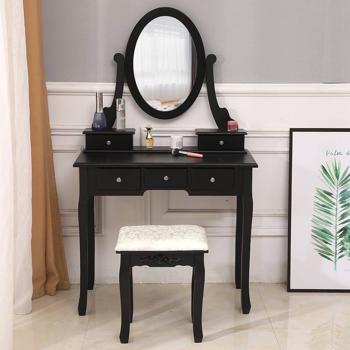 Lowest Prices - SamyoHome Oval Mirror Vanity Makeup Dressing Table and Stool Set Jewelry Desk with 5 Drawers, Black