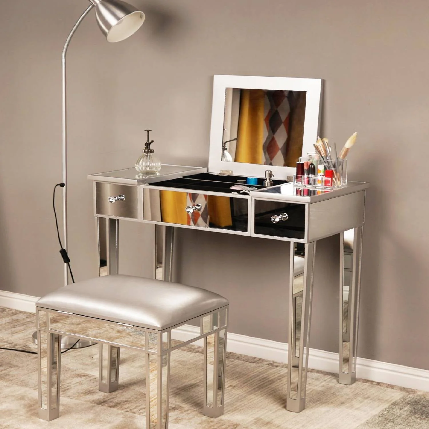 Lowest Prices - Zimtown Vanity Table Makeup Dressing Table Wood Jewelry Desk with Flip-top Mirror 3 drawers(Stool is NOt INCLUDED),Silver