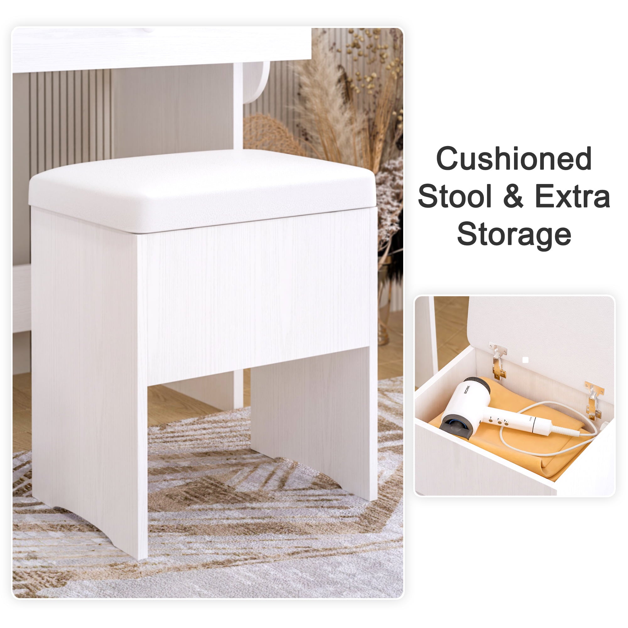 Lowest Prices - IRONCK Vanity Desk with LED Lighted Mirror & Power Outlet, Makeup Table with Drawers & Cabinet,Storage Stool,for Bedroom, White