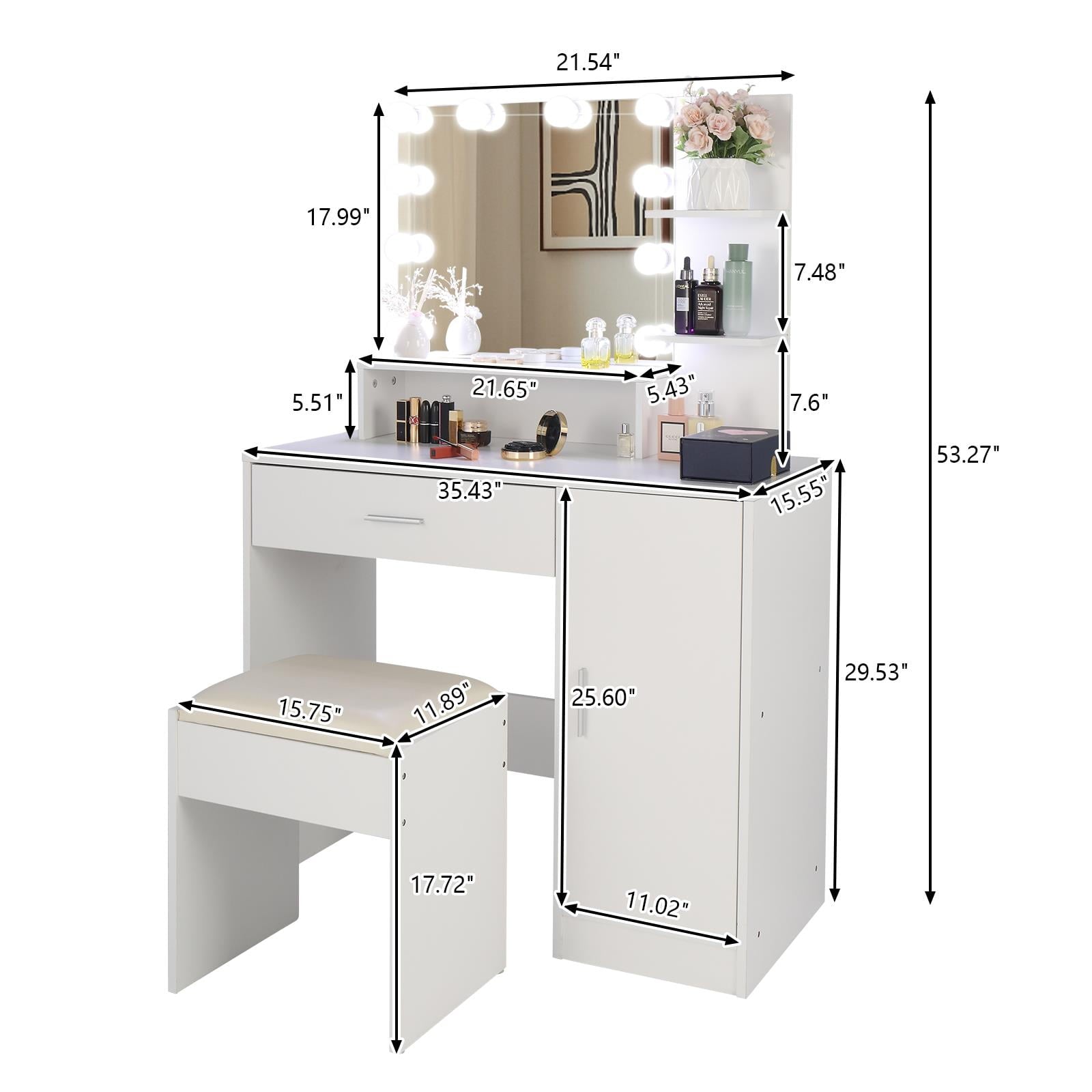 Lowest Prices - Ktaxon Vanity Set with 3 Color Lighted Mirror, Makeup Table with 3 Storage Shelves & Drawers, Dressing Table Makeup Desk with Stool,White