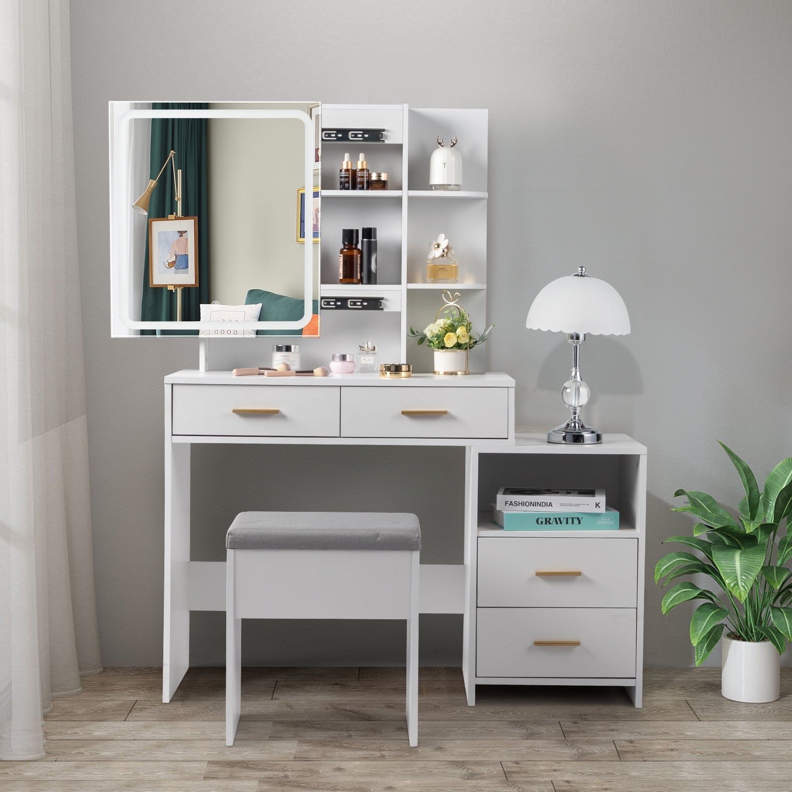 Lowest Prices - Ktaxon 3 Color Lighted Vanity Table with Sliding Mirror Vanity Set with Storage Drawers Hidden Shelves Cushion Stool White