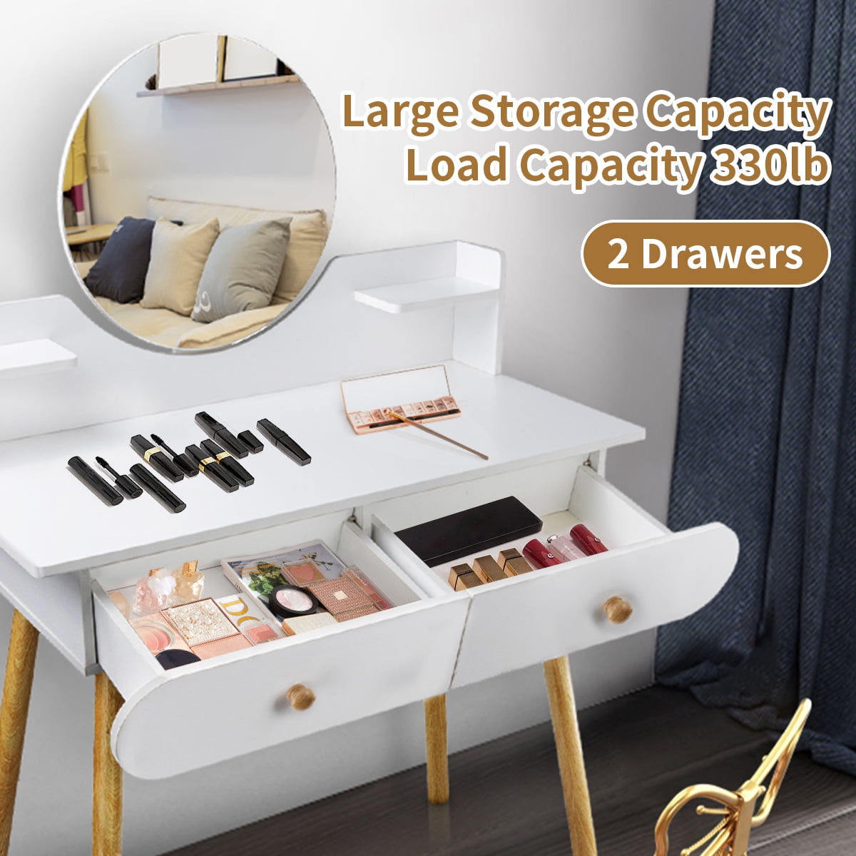 Lowest Prices - Modern Vanity Table Makeup Desk, 2 Drawers and 4 Shelves for Bedroom White(Without Stool and LED)