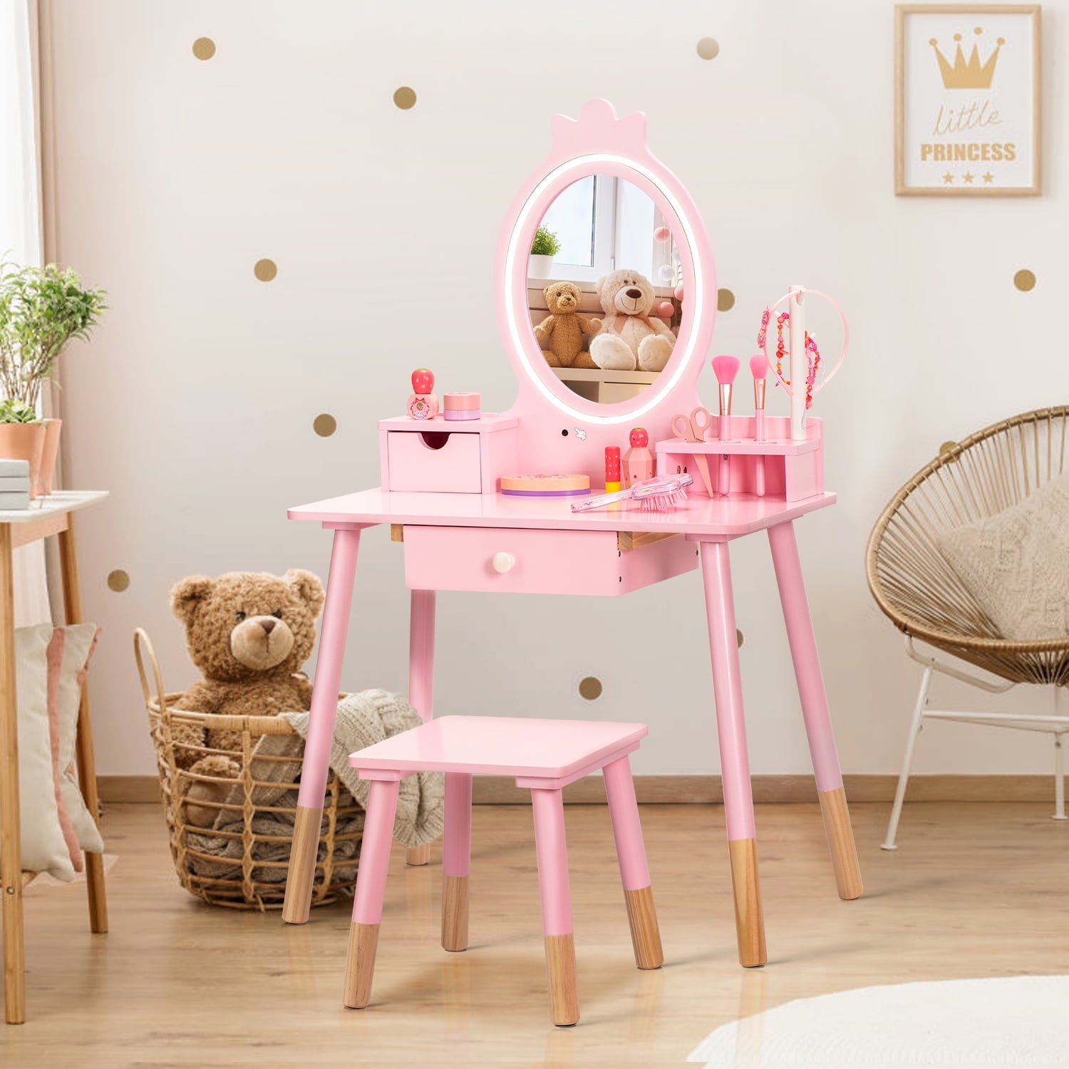 Lowest Prices - BRINJOY Kids Vanity Set with Mirror, Wooden Make Up Beauty Dressing Table with Lights & Stool & Jewelry Rack & Storage Board, Children Princess Vanity Table Pretend Playset for Girls