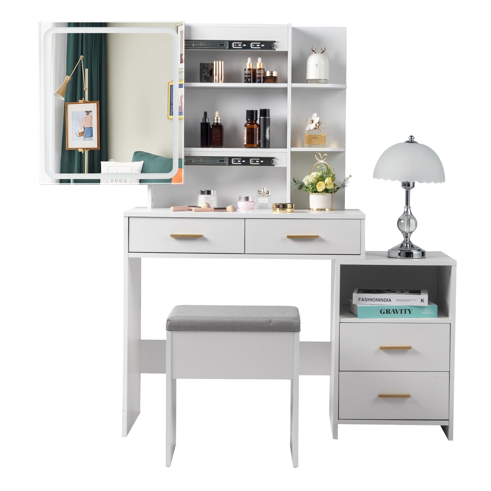 Lowest Prices - Ktaxon 3 Color Lighted Vanity Table with Sliding Mirror Vanity Set with Storage Drawers Hidden Shelves Cushion Stool White