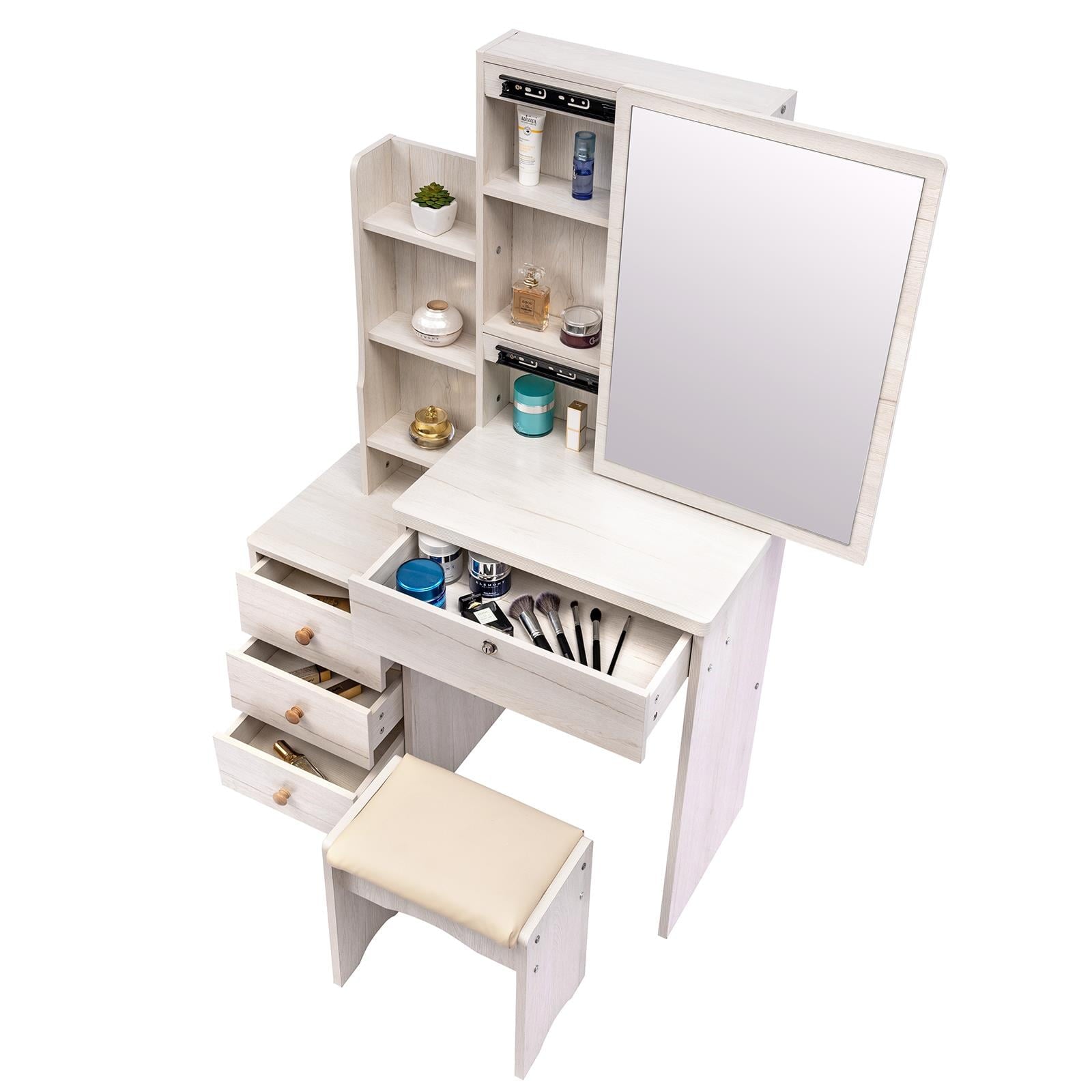 Lowest Prices - UBesGoo Vanity Set with Sliding Mirror, Makeup Vanity Dressing Table with 4 Drawers, Shelves, Dresser Desk and Cushioned Stool Set (White Oak Color)