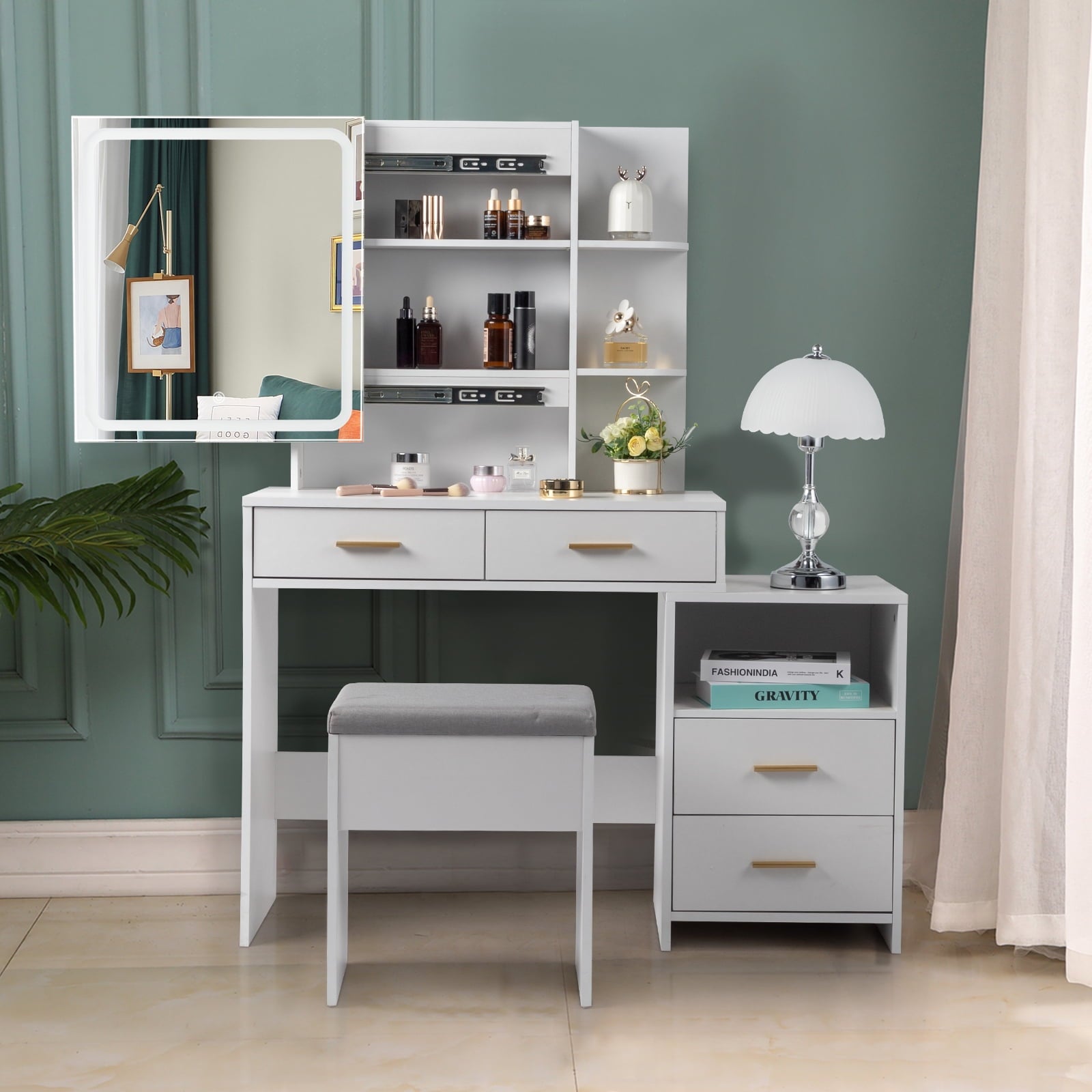 Lowest Prices - Ktaxon 3 Color Lighted Vanity Table with Sliding Mirror Vanity Set with Storage Drawers Hidden Shelves Cushion Stool White