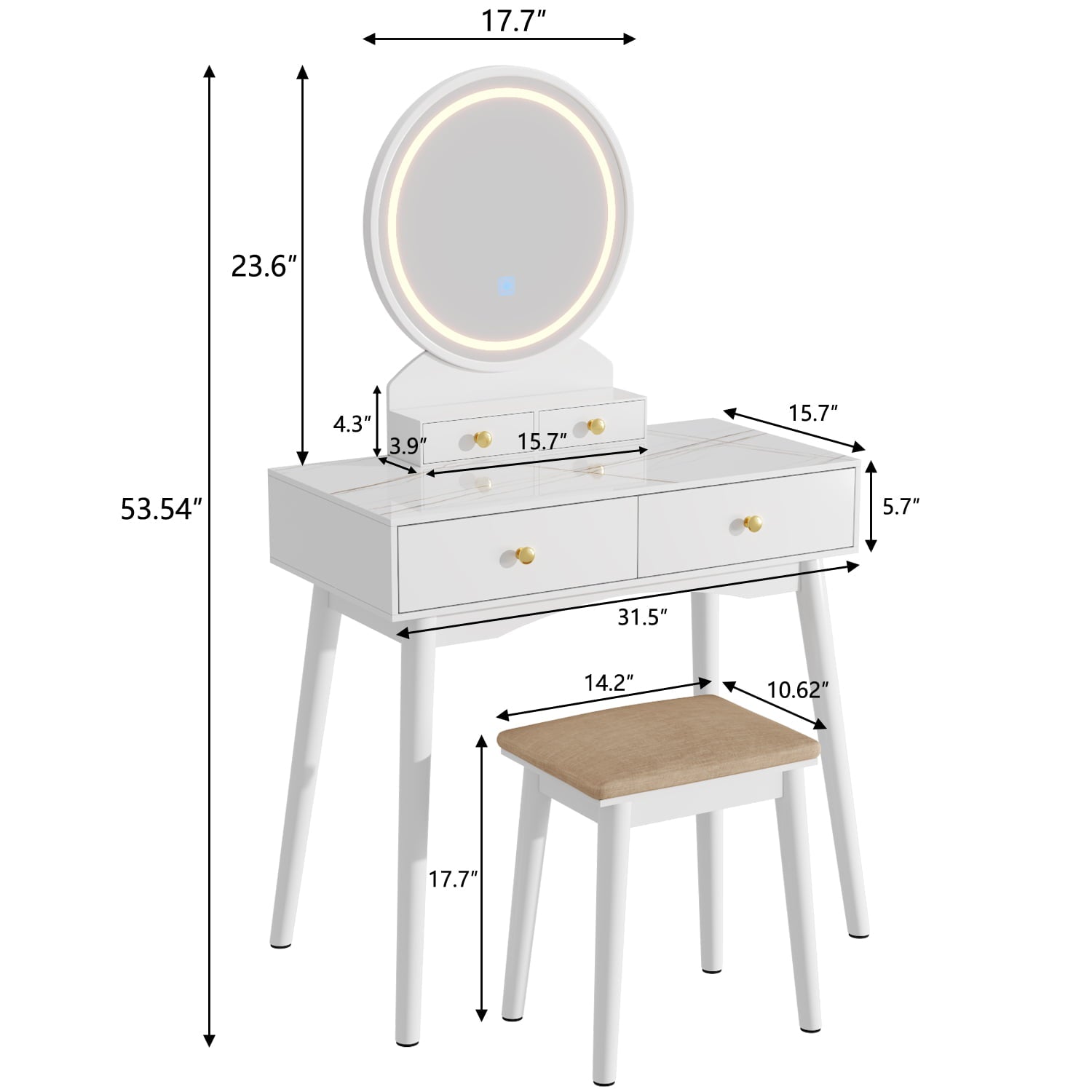 Lowest Prices - Furmax Vanity Table with Lighted Mirror, Vanity Desk with Stool, Dressing Table with 4 Drawers, Makeup Vanity Set, White Finish, for Bedroom
