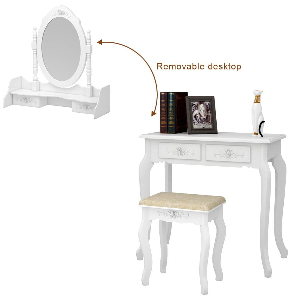Lowest Prices - Ktaxon Elegance White Dressing Table Vanity Table and Stool Set Wood Makeup Desk with 4 Drawers & Mirror