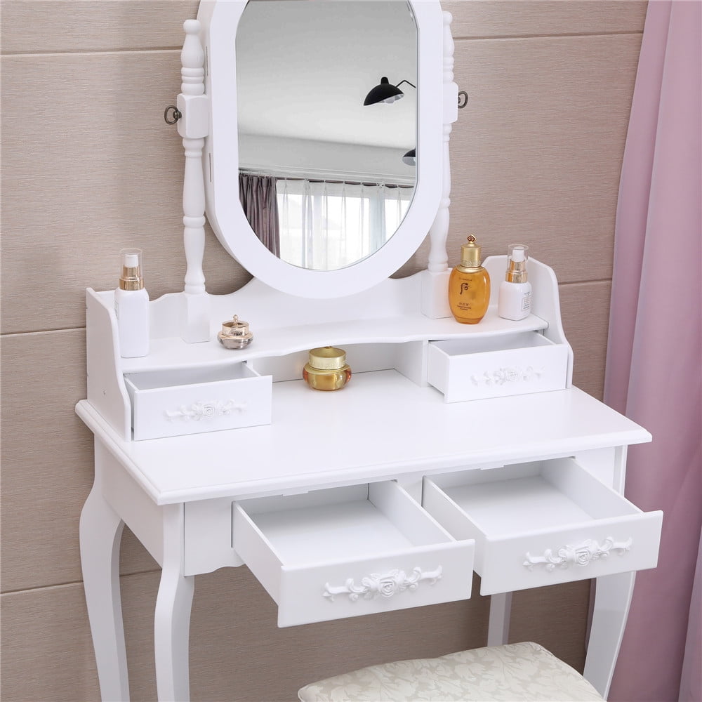 Lowest Prices - Ktaxon Vanity Jewelry Wooden Makeup Dressing Table Set W/Stool Mirror Cabinet &4 Drawer