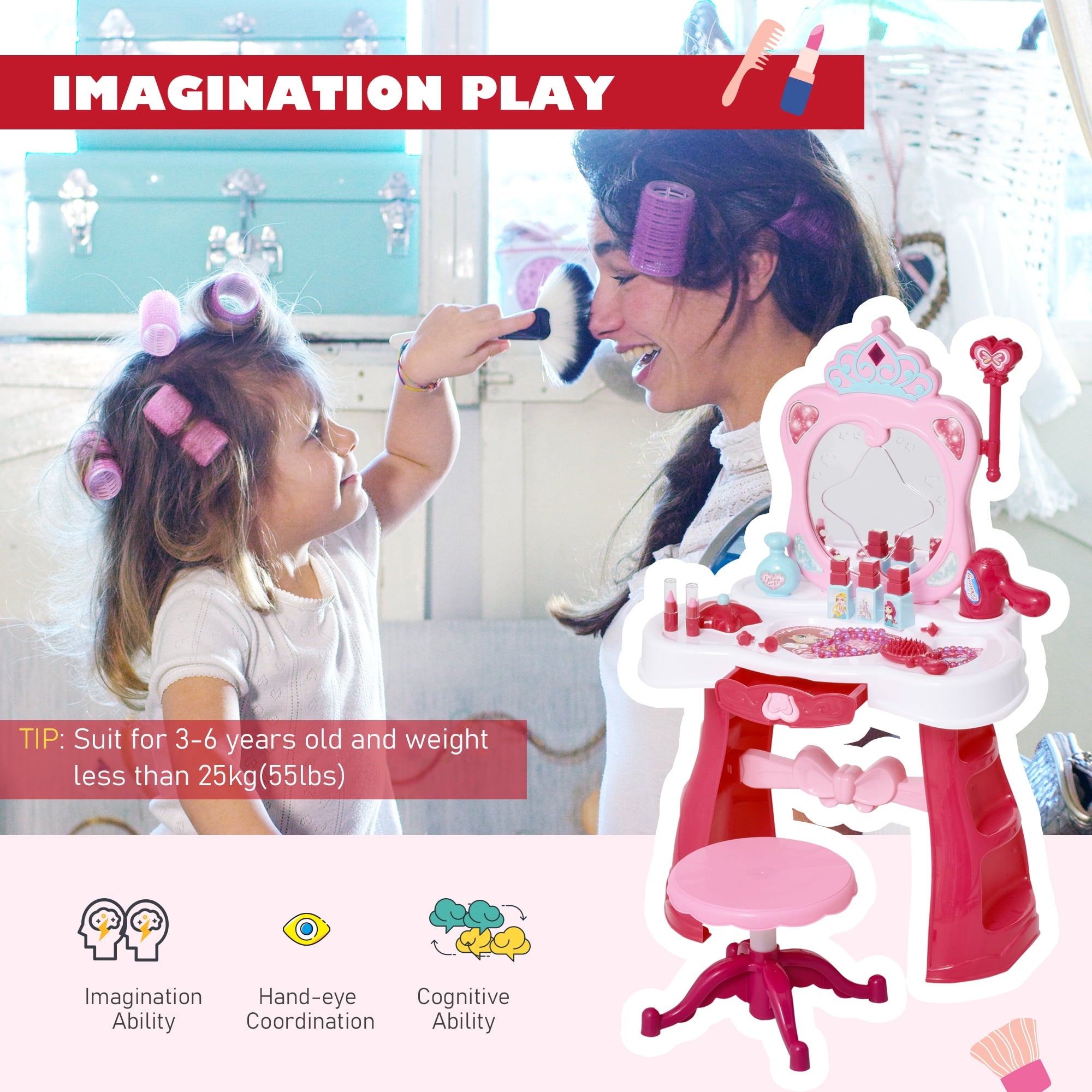 Lowest Prices - Qaba Children Dressing Table Set for Kids of 3-6 Years Dream Princess Vanity Set for Girls Make Up Table and Stool Set with Music and Lightening Pink White