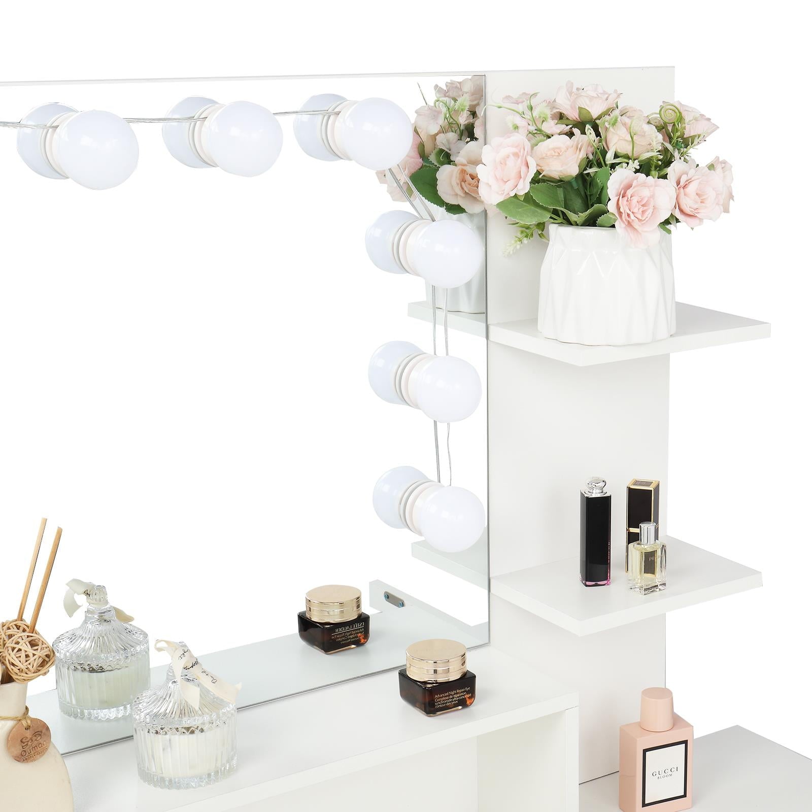 Lowest Prices - Ktaxon Vanity Set with 3 Color Lighted Mirror, Makeup Table with 3 Storage Shelves & Drawers, Dressing Table Makeup Desk with Stool,White