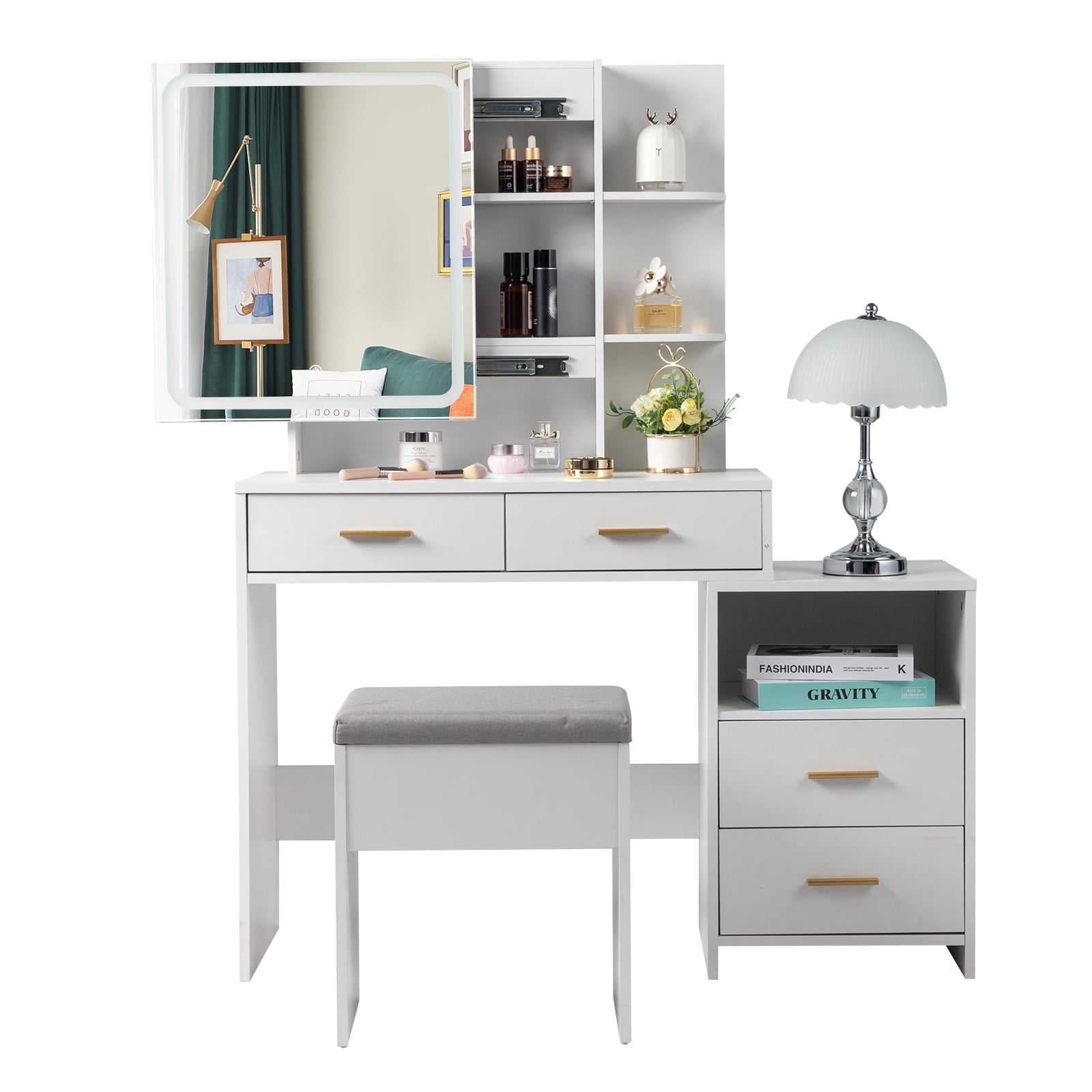 Lowest Prices - Ktaxon 3 Color Lighted Vanity Table with Sliding Mirror Vanity Set with Storage Drawers Hidden Shelves Cushion Stool White
