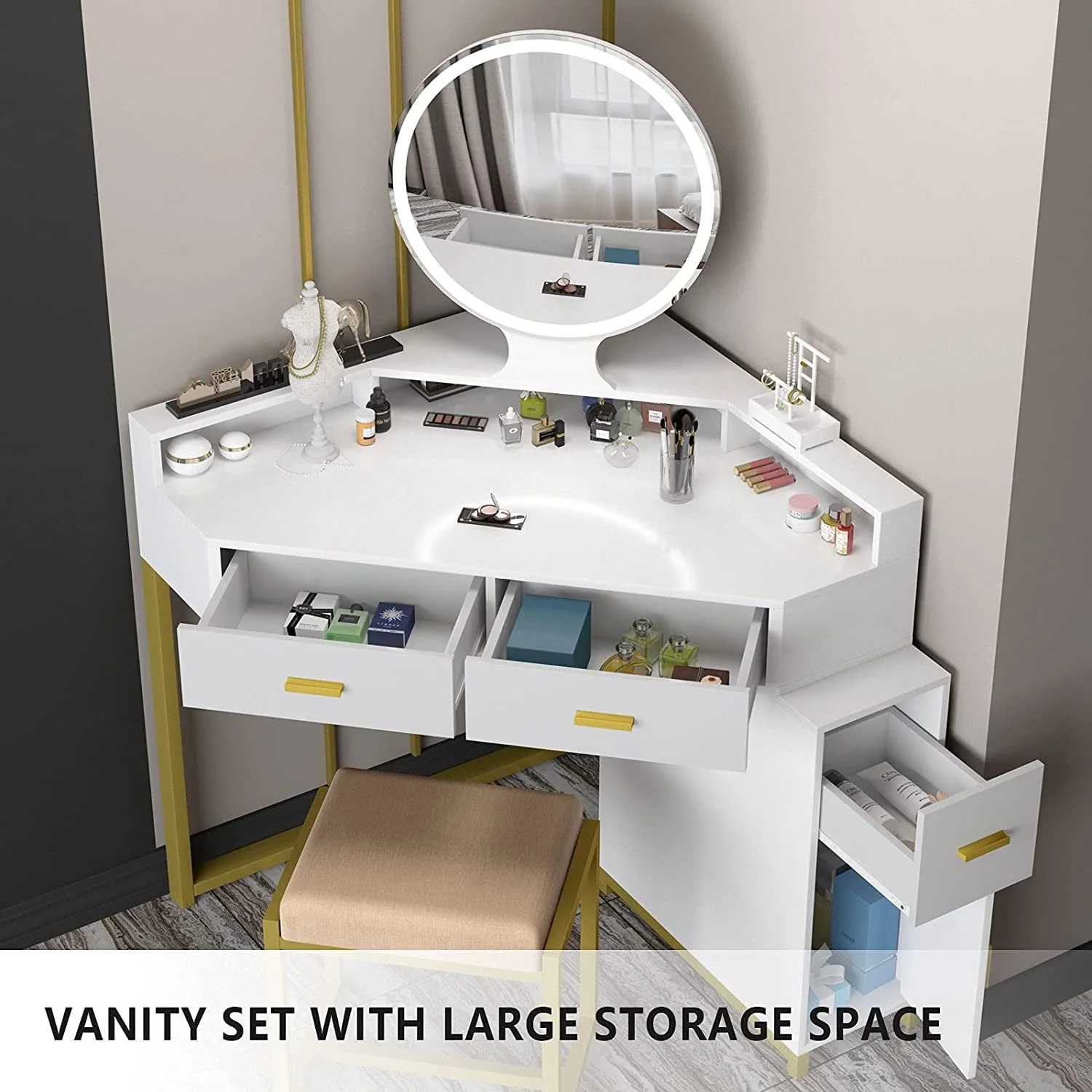 Lowest Prices - Corner Vanity Set with Lighted Mirror, Makeup Vanity Dressing Table with Drawers, Cabinet and Cushioned Stool, Girls Vanity Desk for Bathroom, Bedroom, White by TZUTOGETHER