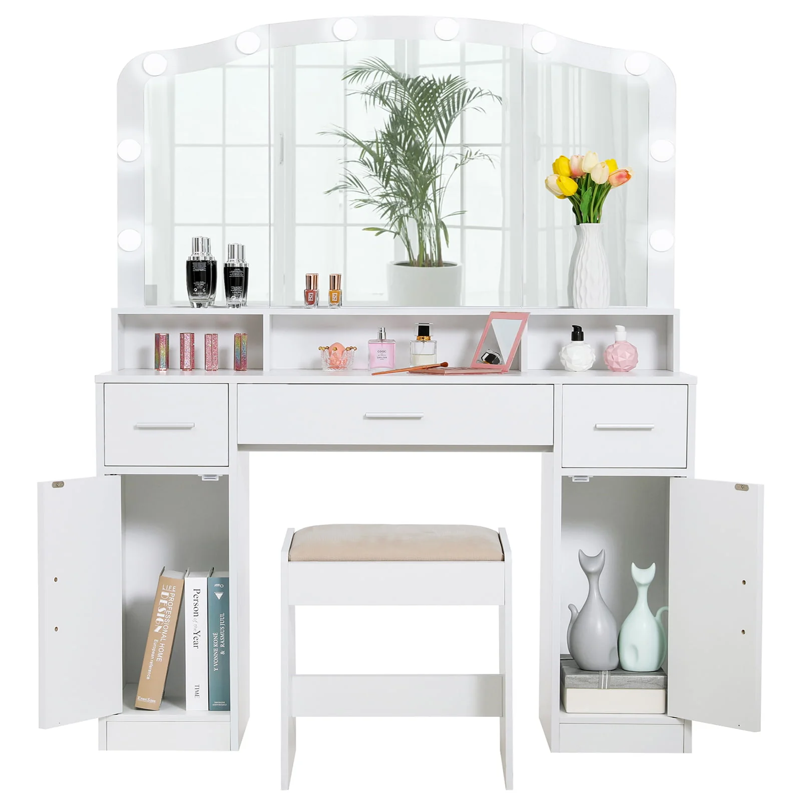 Lowest Prices - USIKEY Large Vanity Set with Large Lighted Mirror, Modern Makeup Vanity Table with 3 Drawers, 2 Storage Cabinets & 10 LED Bulbs and Cushioned Stool for Women, Bedroom, WhiteSZT32WD