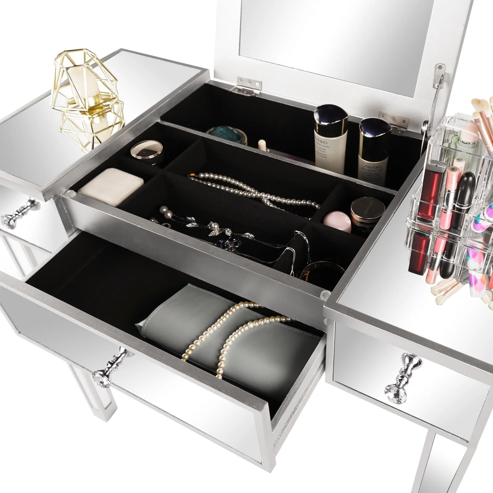 Lowest Prices - Zimtown Vanity Table Makeup Dressing Table Wood Jewelry Desk with Flip-top Mirror 3 drawers(Stool is NOt INCLUDED),Silver