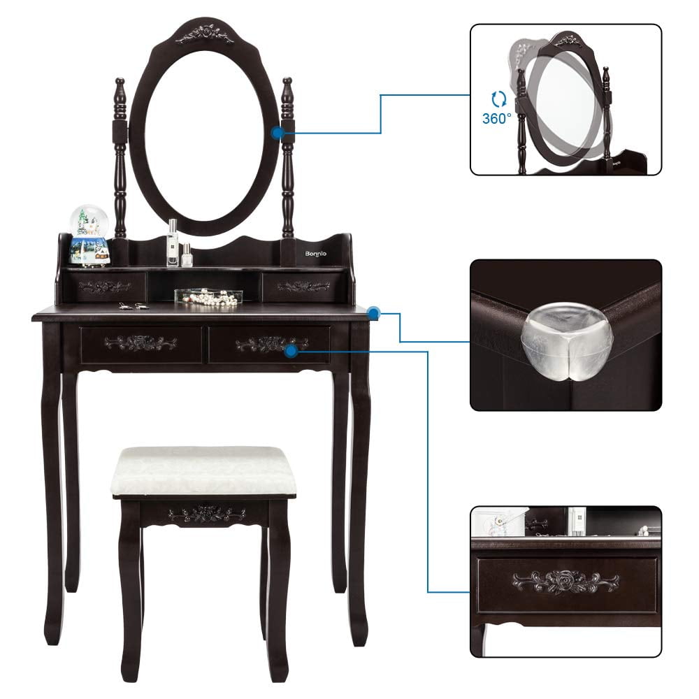 Lowest Prices - UBesGoo 4 Drawer Vanity Makeup Dressing Table Set w/Stool&Mirror Jewelry Wood Brown