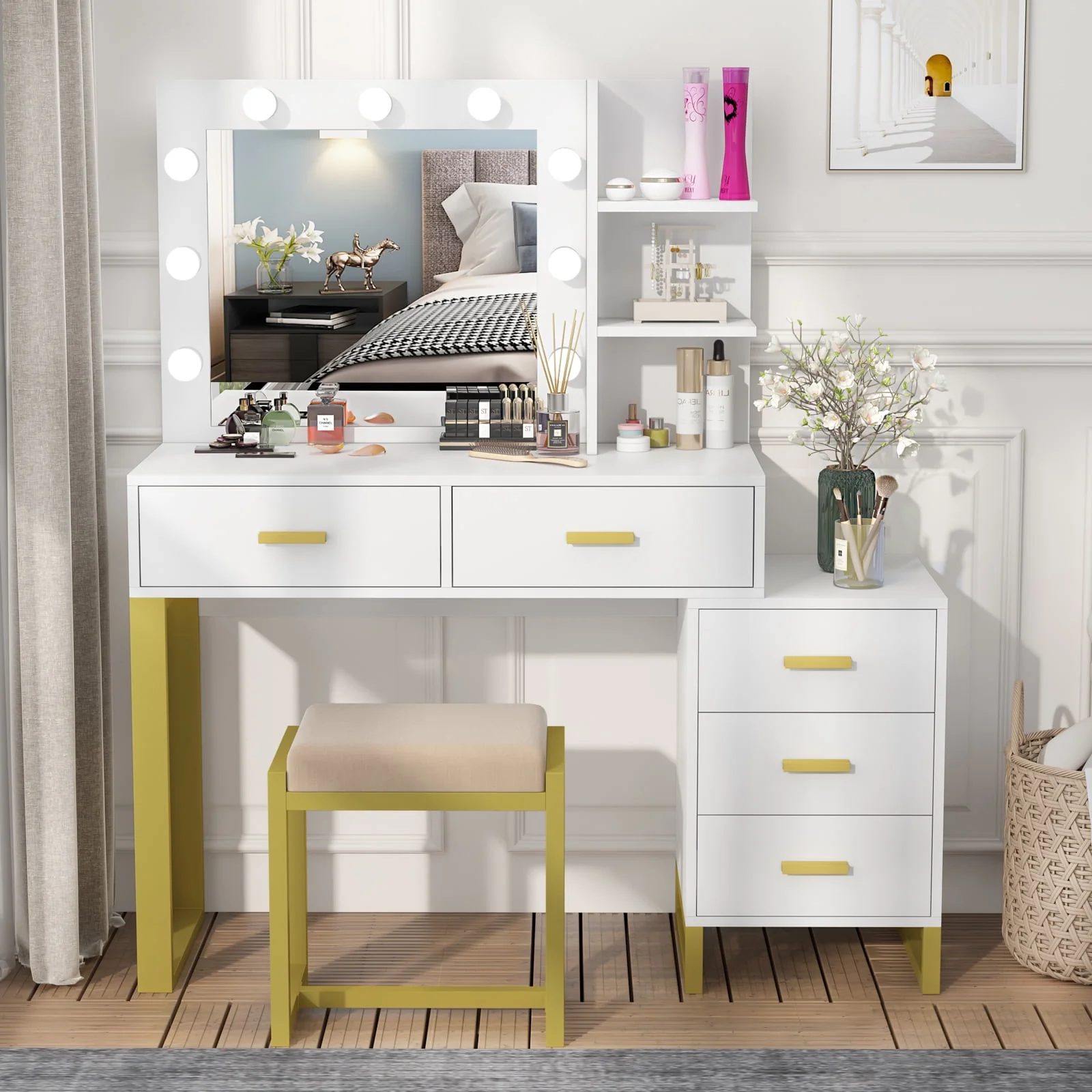 Lowest Prices - PAKASEPT Vanity Set with Lighted Mirror, Large Vanity Desk Makeup Vanity Dressing Table with 9 LED Lights, 5 Drawers, Storage Shelves&Cushioned Stool for Bedroom